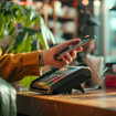 Person using cashless mobile payment system as checkout