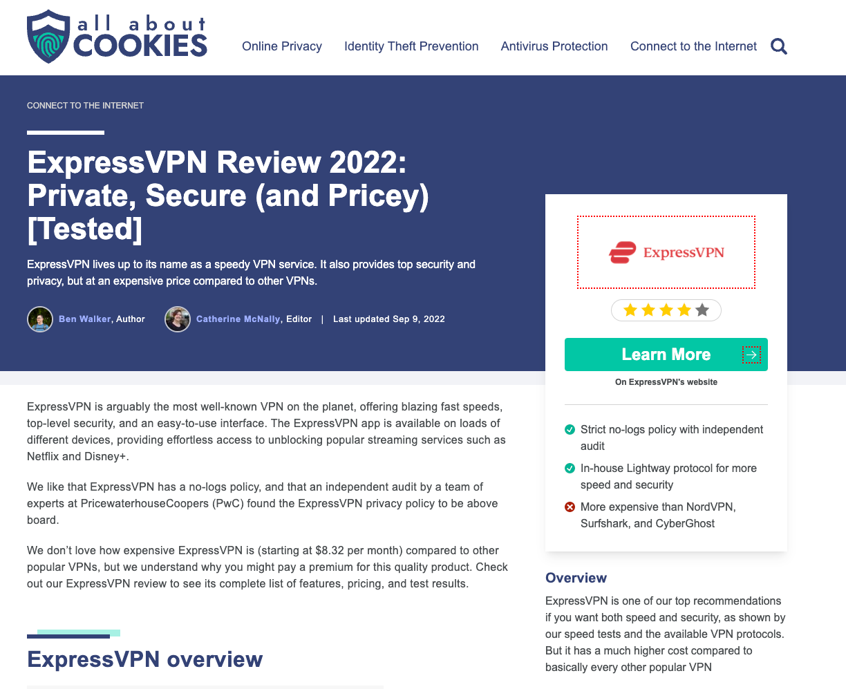 A screenshot of how the ExpressVPN review looks when a web browser renders the HTML code.