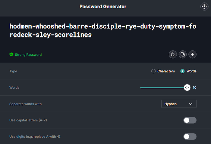NordPass can generate passphrases up to 10 words long.