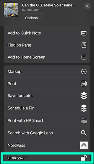Once you've opened the Options menu in Safari, scroll down to find the Unpaywalled shortcut and tap it.
