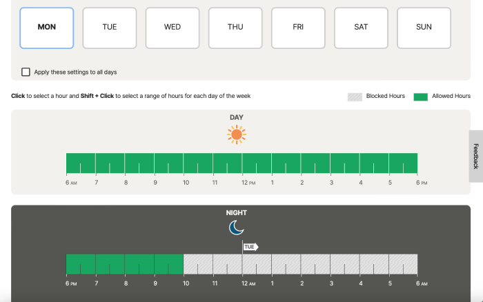 Norton Family dashboard on the screen time management section, which is separated by days of the week and hours.