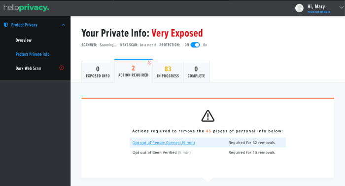 HelloPrivacy scan with red text reading "Very Exposed".