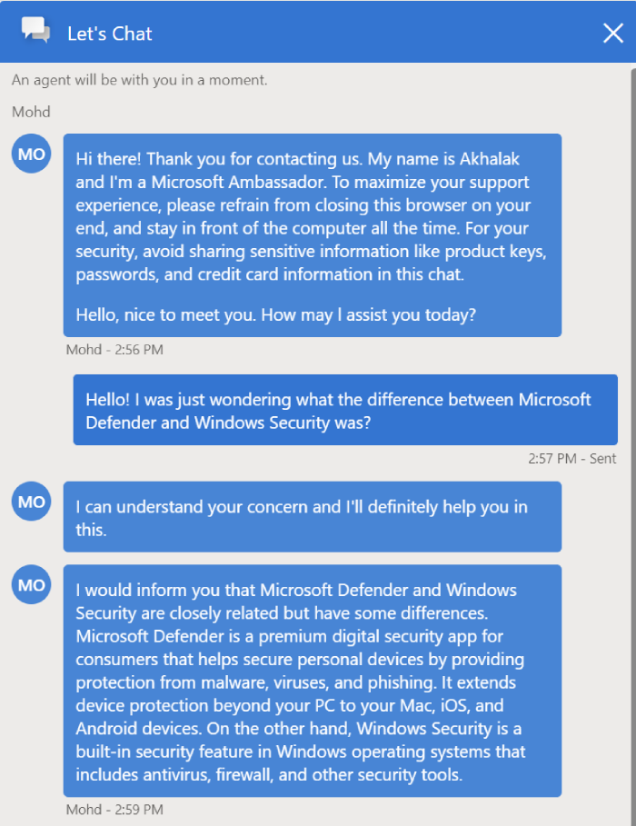 Microsoft Defender customer support