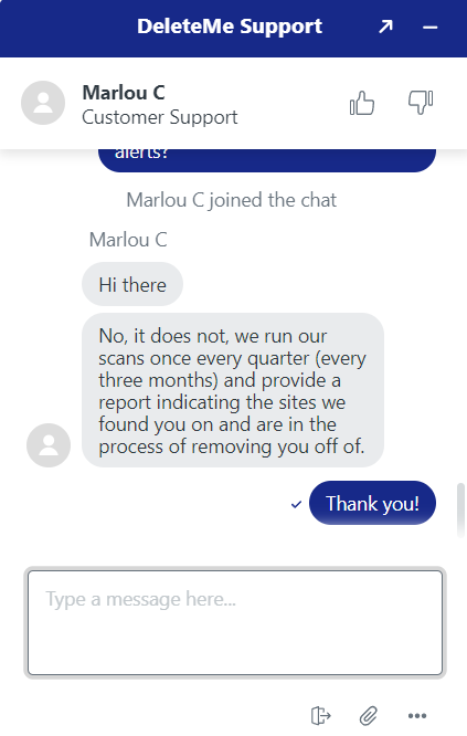 A live chat exchange with DeleteMe customer support. 