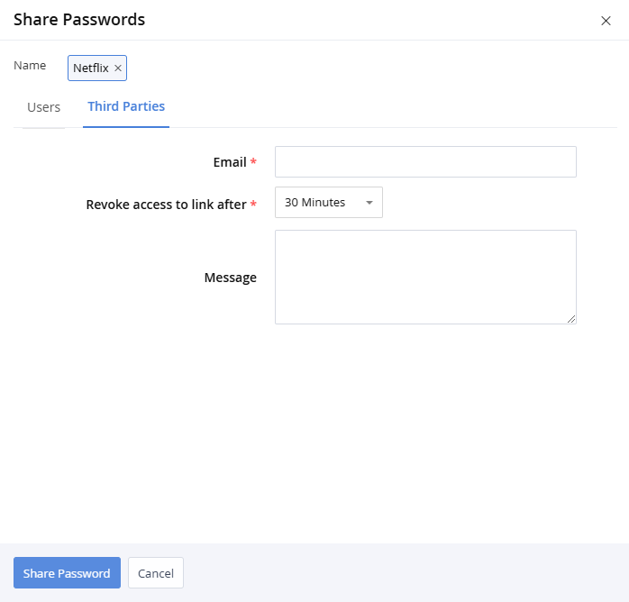 Zoho Vault window for sharing a password with third parties