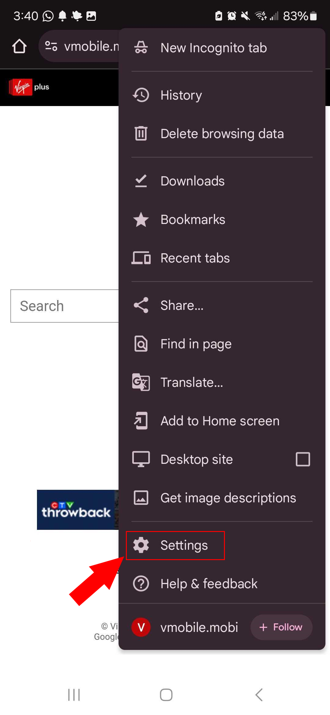 Disable or enable Chrome pop-ups on Android step 2
