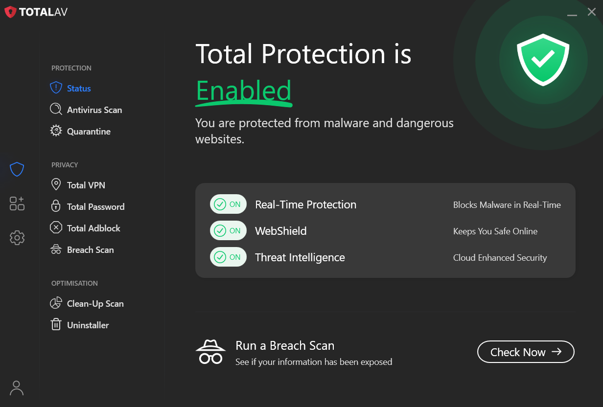 The dashboard for TotalAV