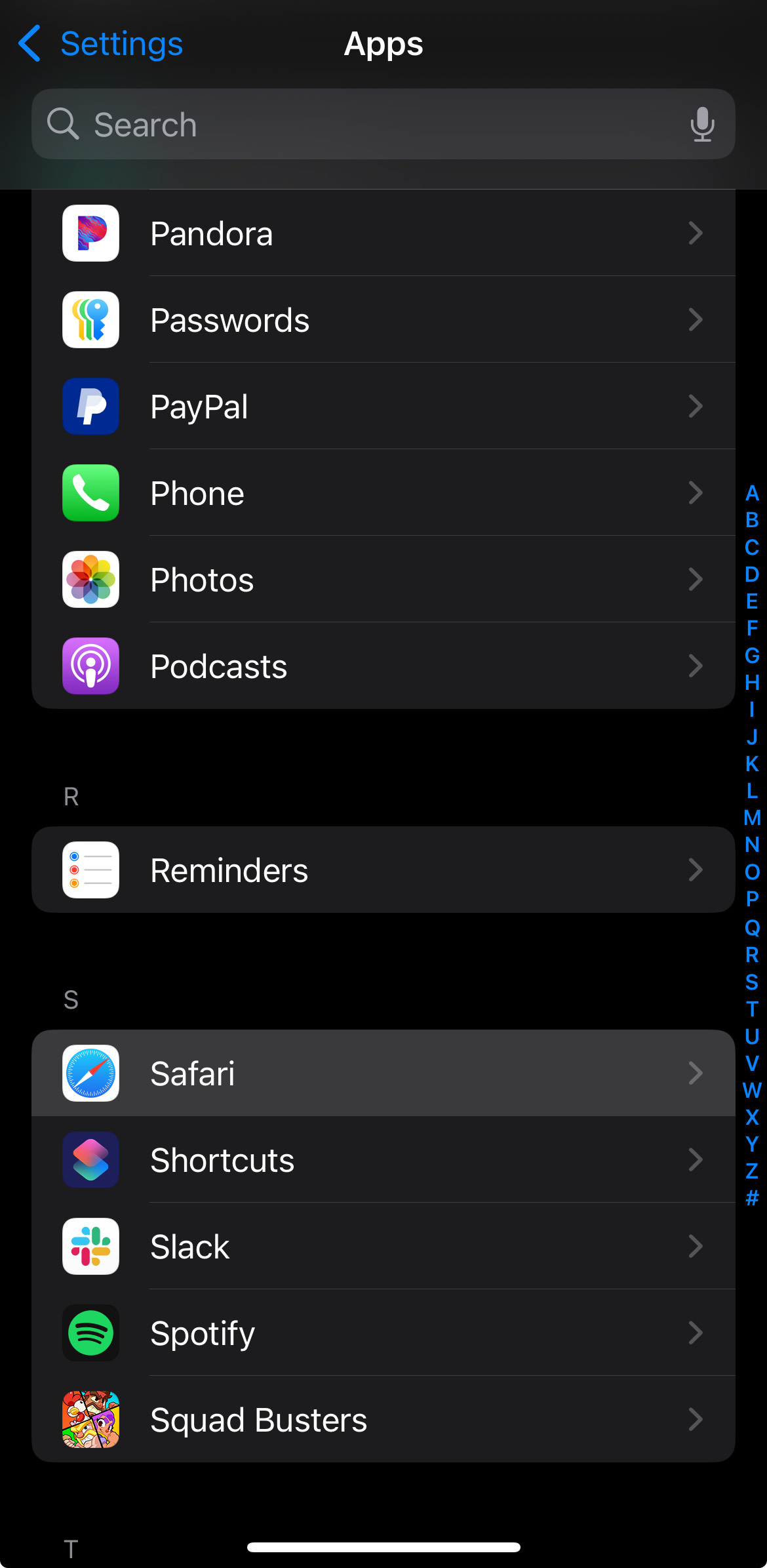 Select the Safari app to manage Safari cookies and other security features