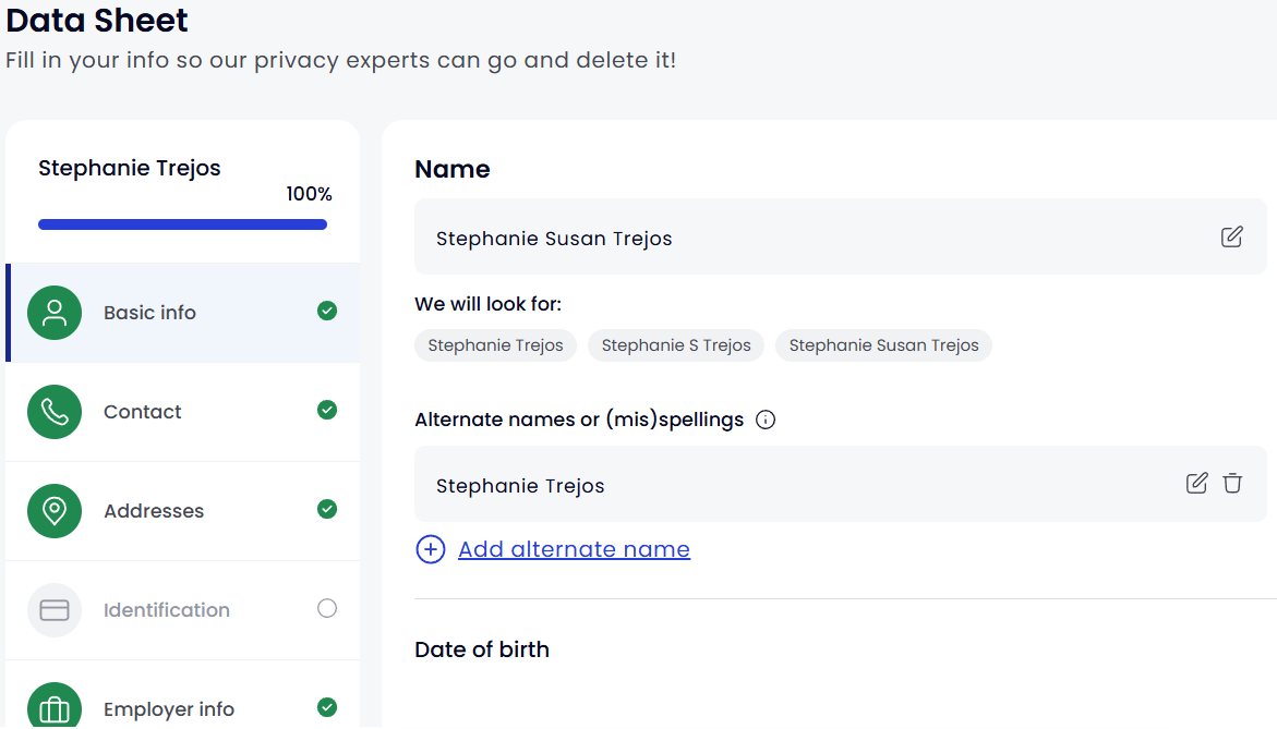 DeleteMe data sheet under the personal information tab. 